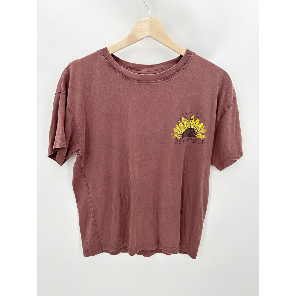 Urban Nation Top Women‎ XS Burgundy Brown Short Sleeve Sunflower Graphic Tee